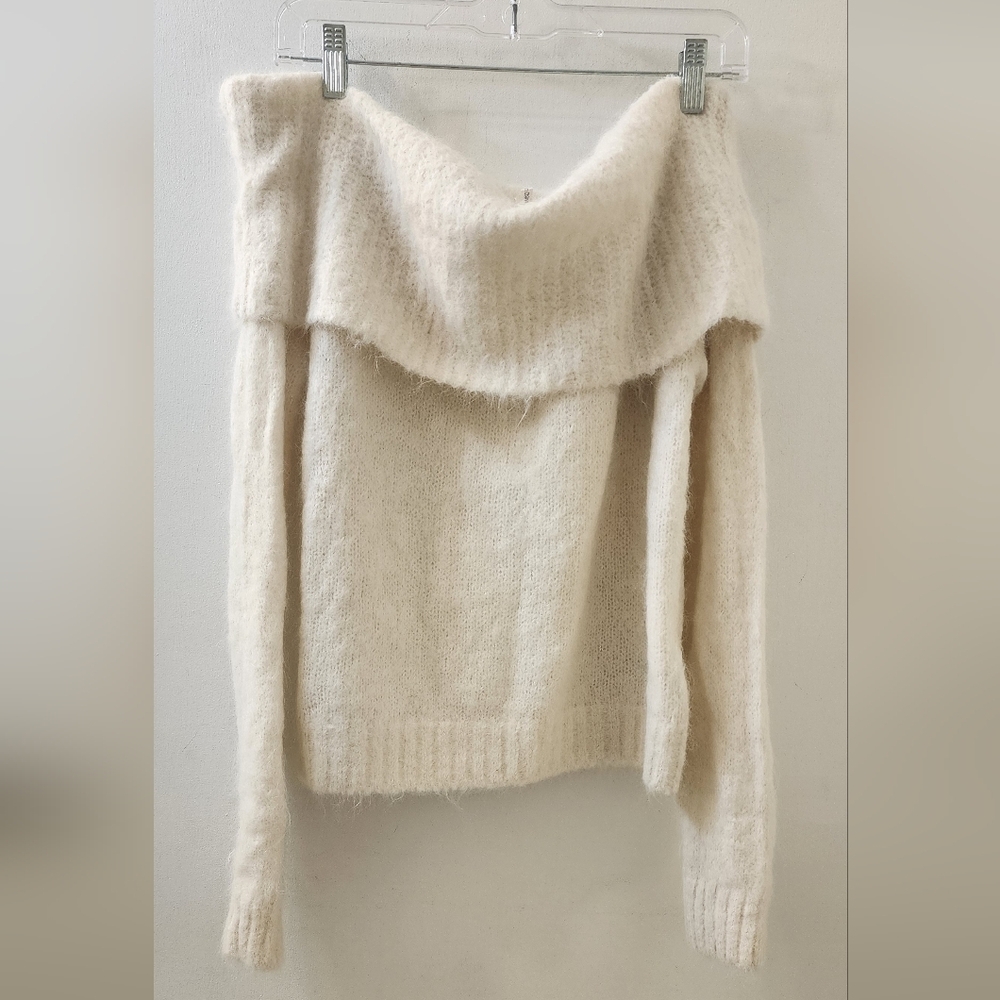 Ba+Sh Cozy Off-Shoulder Cream Sweater, Size Small.